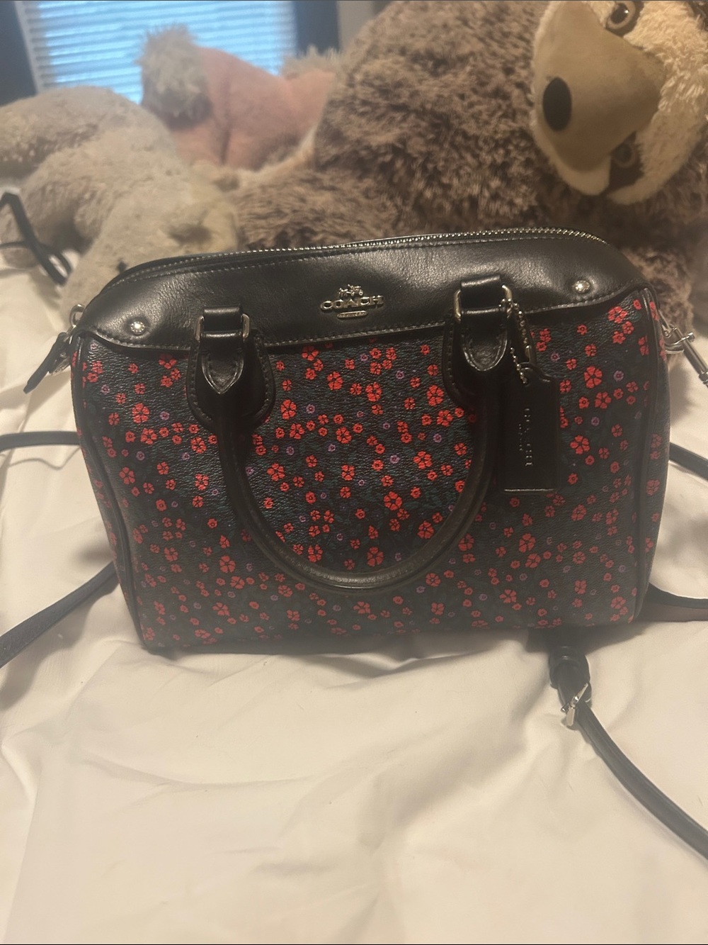 Coach Black Satchel with Red Floral Print